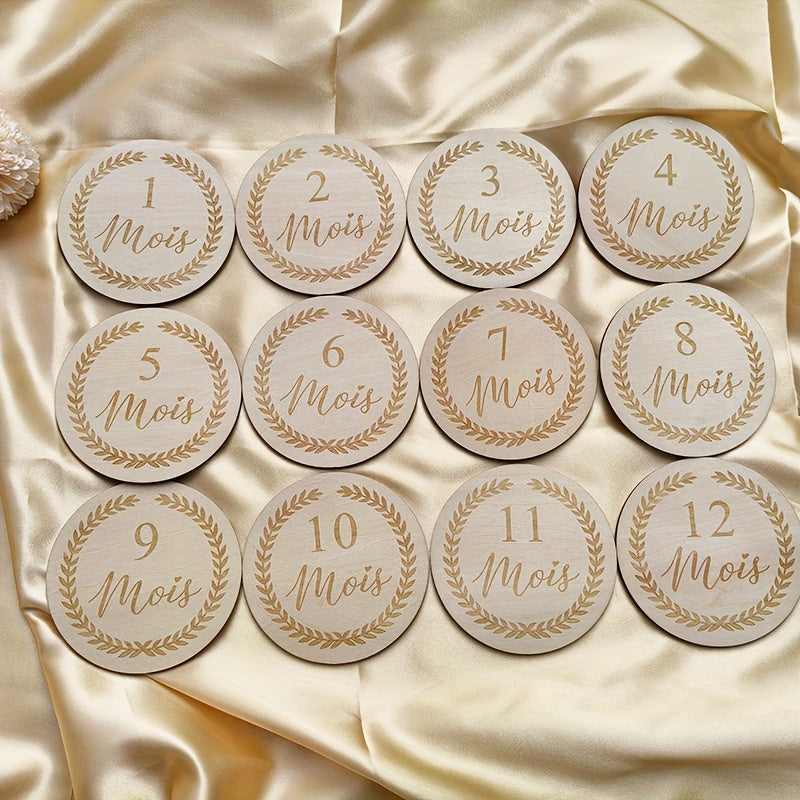 Lot de 12 Disques Étapes en Bois "Mois de Bébé"