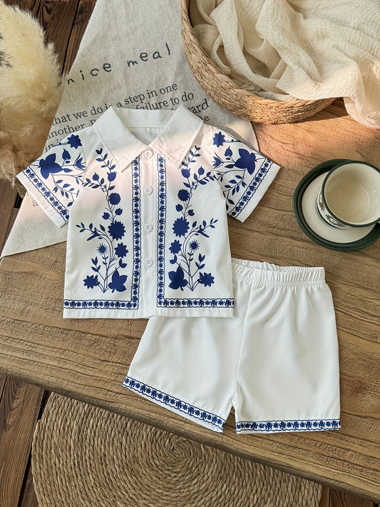 Ensemble Chemise & Short Bébé/Enfant 'Bleu Fleuri'