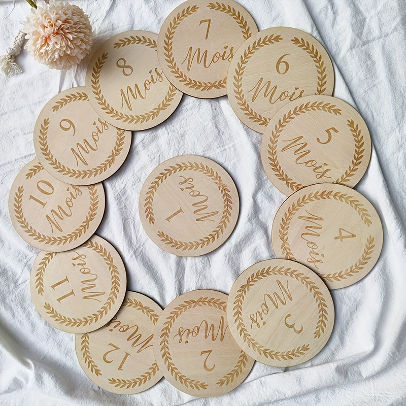 Lot de 12 Disques Étapes en Bois "Mois de Bébé"