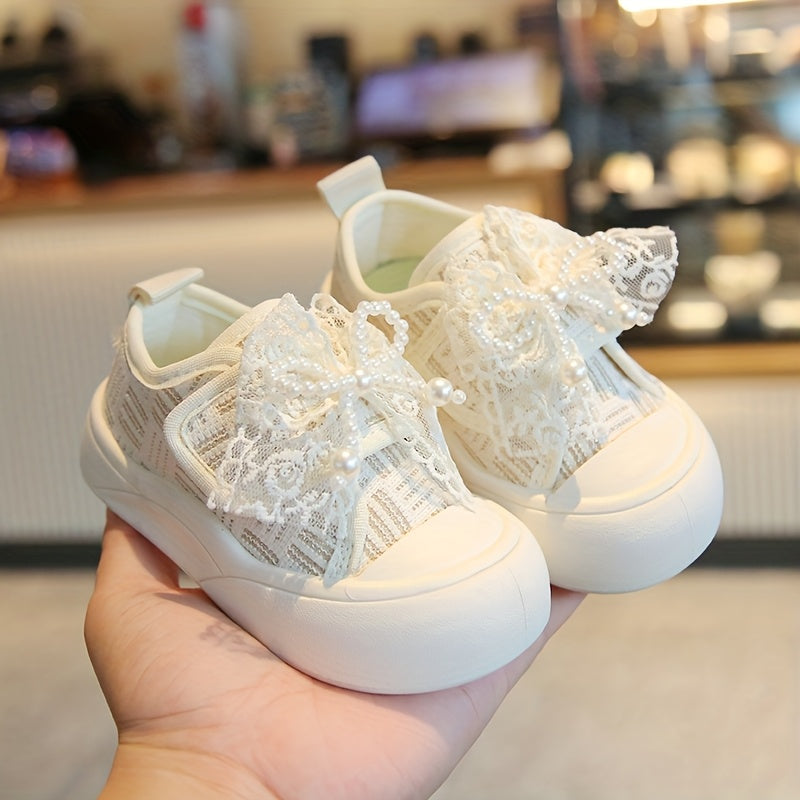 Chaussures Toile Bébé Fille Élégantes avec Nœud en Dentelle et Perles