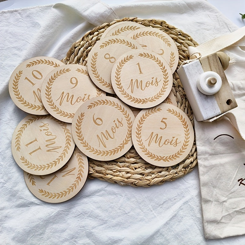 Lot de 12 Disques Étapes en Bois "Mois de Bébé"