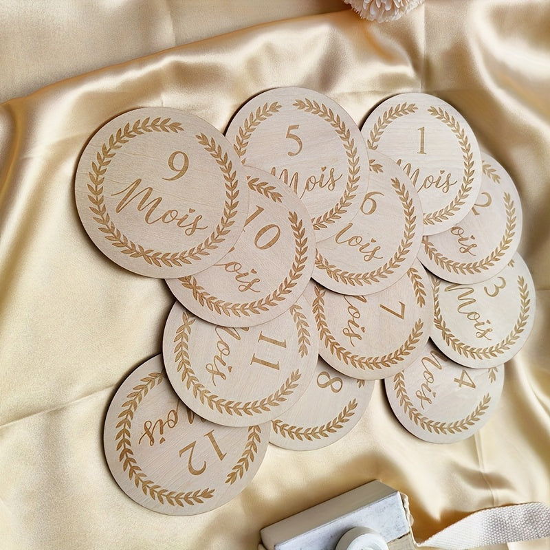 Lot de 12 Disques Étapes en Bois "Mois de Bébé"