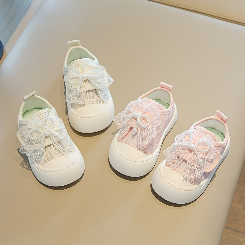 Chaussures Toile Bébé Fille Élégantes avec Nœud en Dentelle et Perles