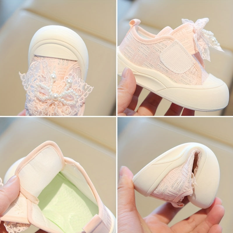 Chaussures Toile Bébé Fille Élégantes avec Nœud en Dentelle et Perles