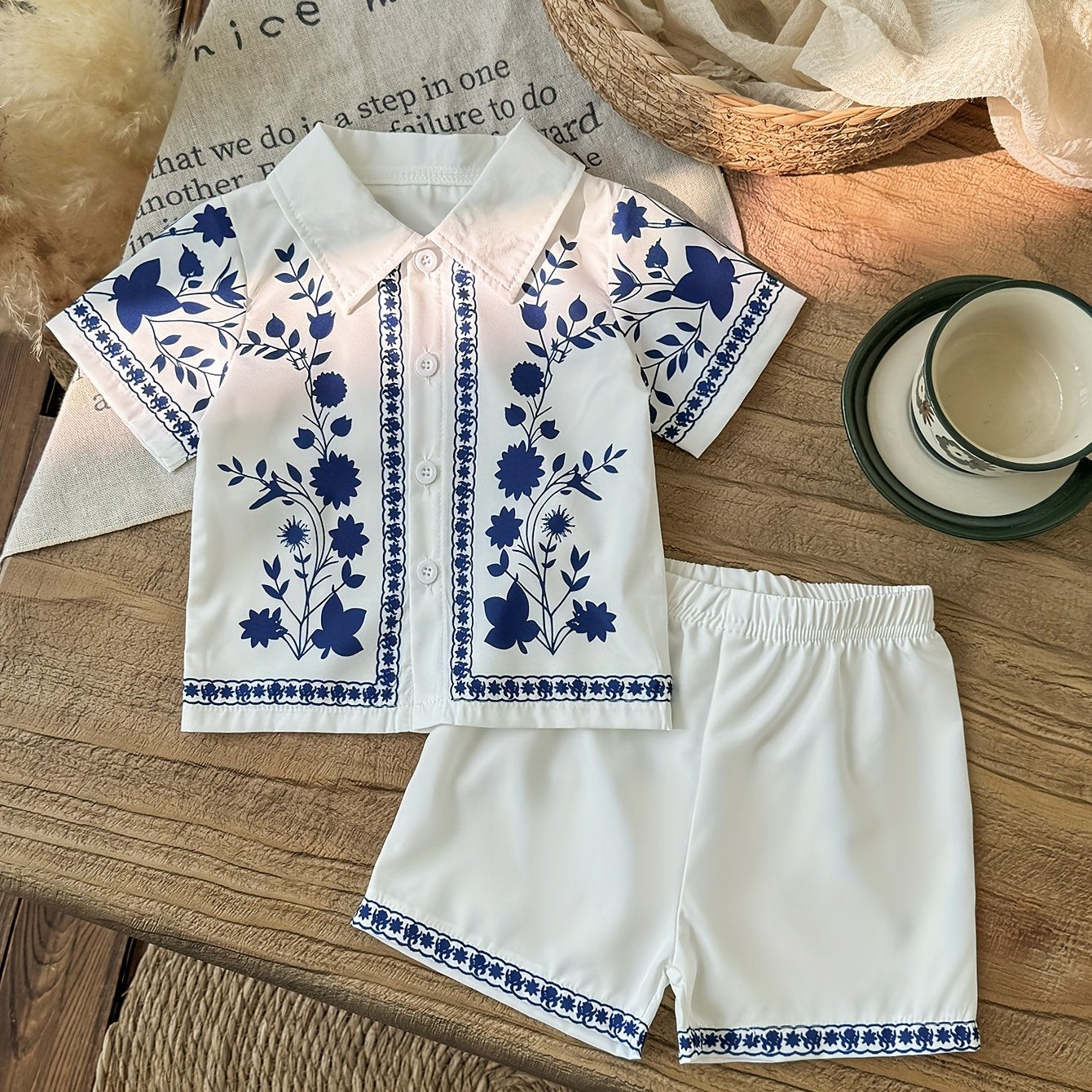 Ensemble Chemise & Short Bébé/Enfant 'Bleu Fleuri'