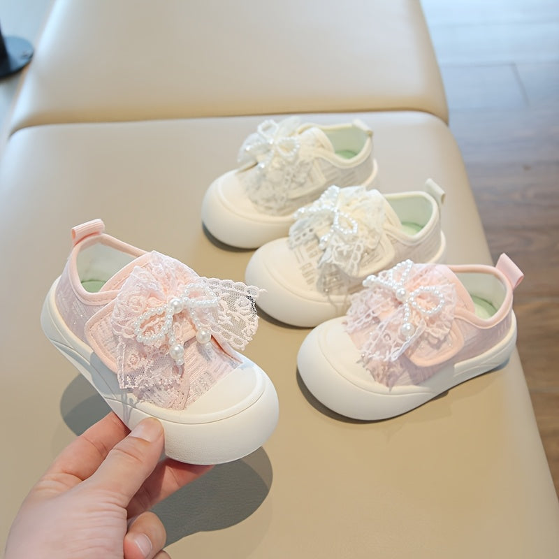 Chaussures Toile Bébé Fille Élégantes avec Nœud en Dentelle et Perles